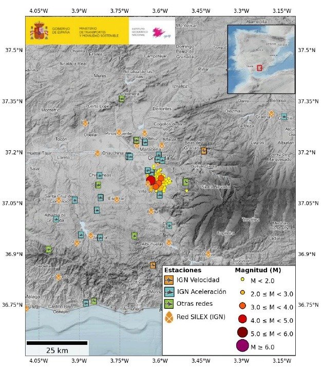 Mapa de estaciones sísmicas del IGN y otras redes para la monitorización del terremoto en Granada de magnitud 4,8.