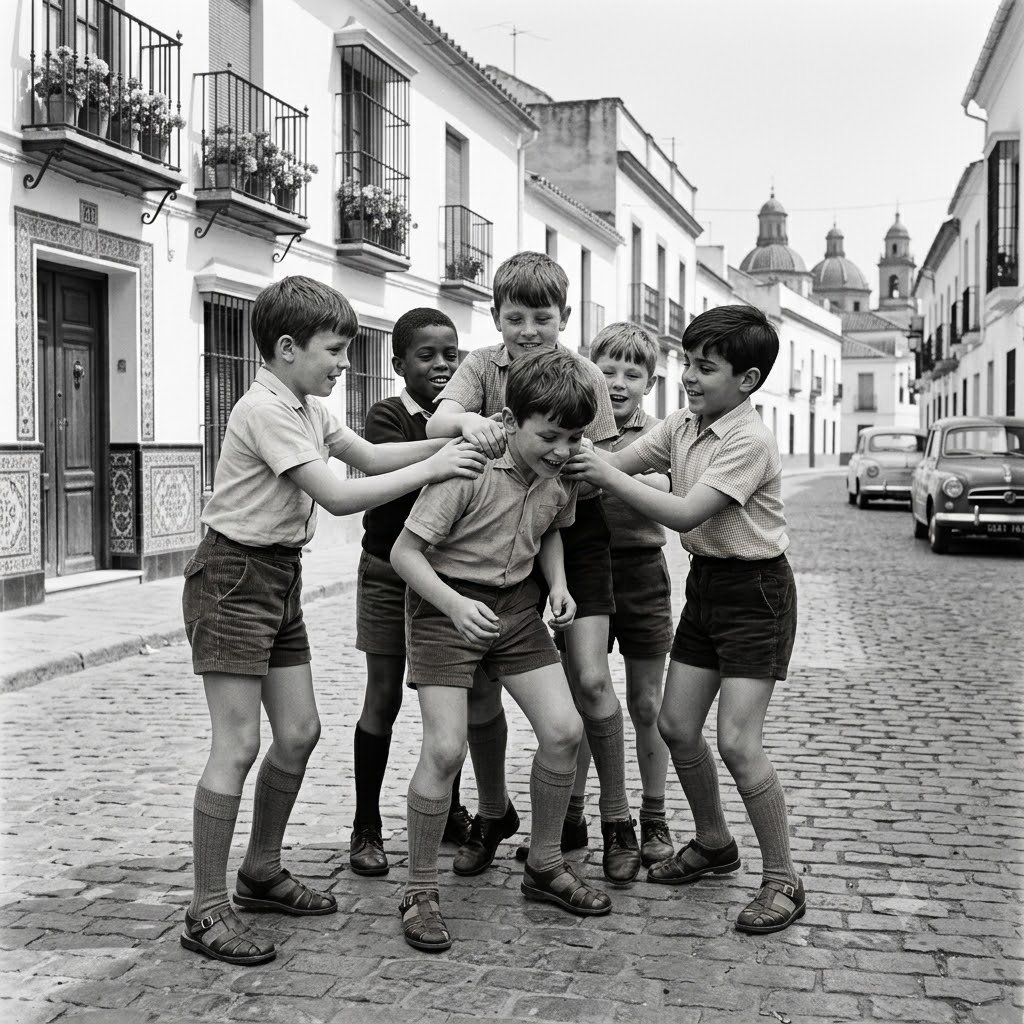 Fotografía vintage en blanco y negro de un grupo de niños jugando animadamente a saltar en una calle urbana de Jerez de la Frontera, evocando los años 60 y 70.