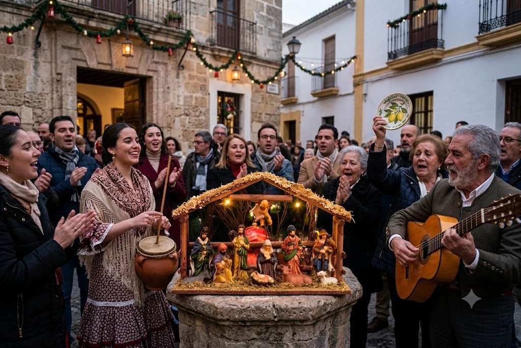 Un grupo de personas canta villancicos tradicionales de Jerez de la Frontera (Andalucía, España) en un patio exterior decorado para Navidad. Un coro de personas de varias edades rodea una zambomba y una mesa central con limones y vasos de vino, aplaudiendo y cantando alegremente bajo luces festivas, guirnaldas y un árbol de Navidad.