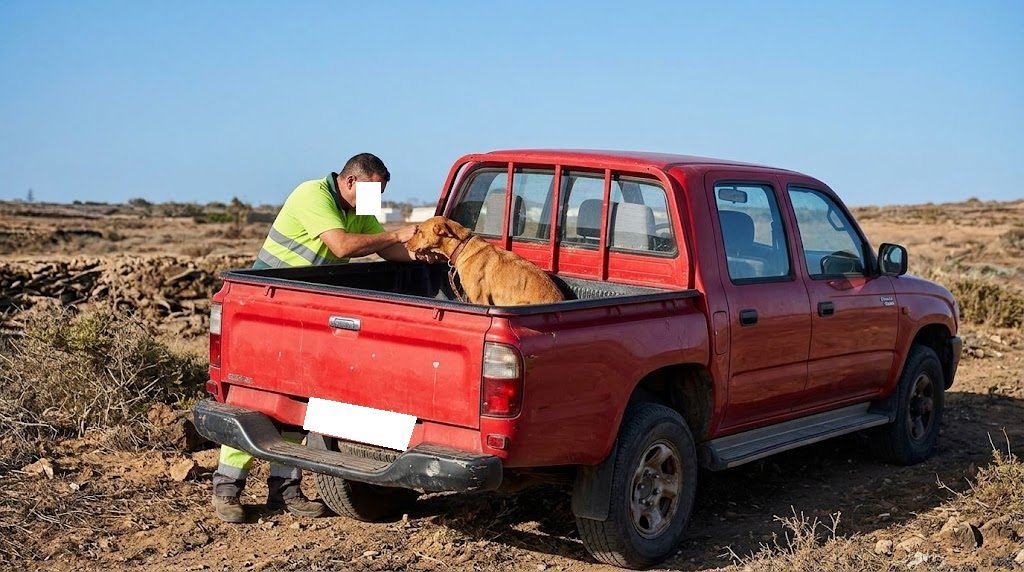Recreación en alta calidad de la escena del vídeo: un hombre en Lanzarote introduce a un perro atado en la caja de una camioneta roja, bajo la investigación del SEPRONA.