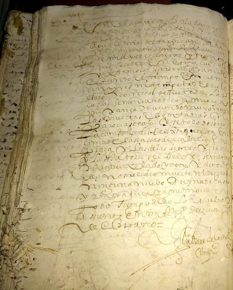 Manuscrito notarial original de 1636 con la firma de Francisco Bravo sobre el terremoto en Cádiz