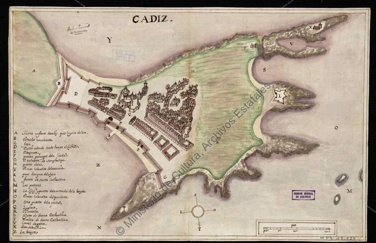 Mapa o plano antiguo de la ciudad de Cádiz en el siglo XVII procedente del Archivo General de Simancas