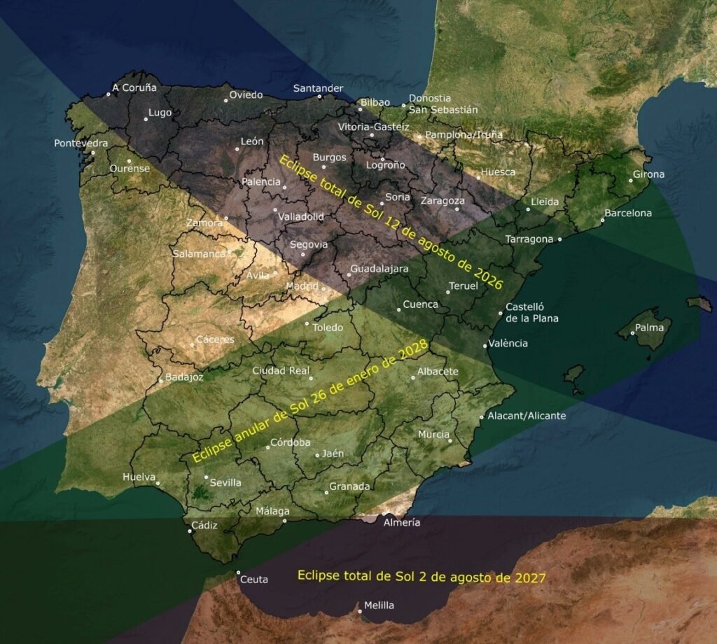 Mapa de la Península Ibérica con la representación de las franjas de sombra de tres eclipses solares: el eclipse total de Sol del 12 de agosto de 2026 atravesando el norte y este, el eclipse total del 2 de agosto de 2027 cruzando el sur y el Estrecho de Gibraltar, y el eclipse anular del 26 de enero de 2028 cruzando de sudoeste a nordeste.