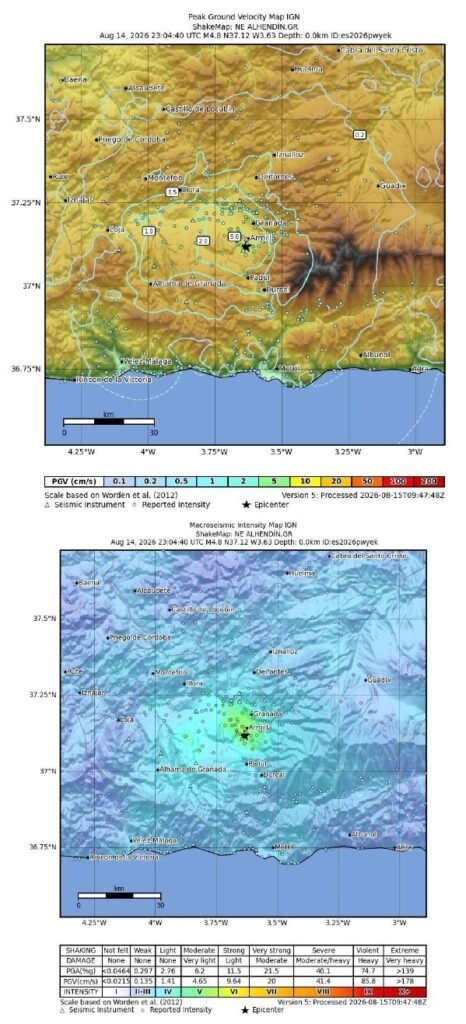 Mapas de velocidad del suelo e intensidad macrosísmica estimada con tabla de parámetros para el terremoto en Granada de magnitud 4,8.