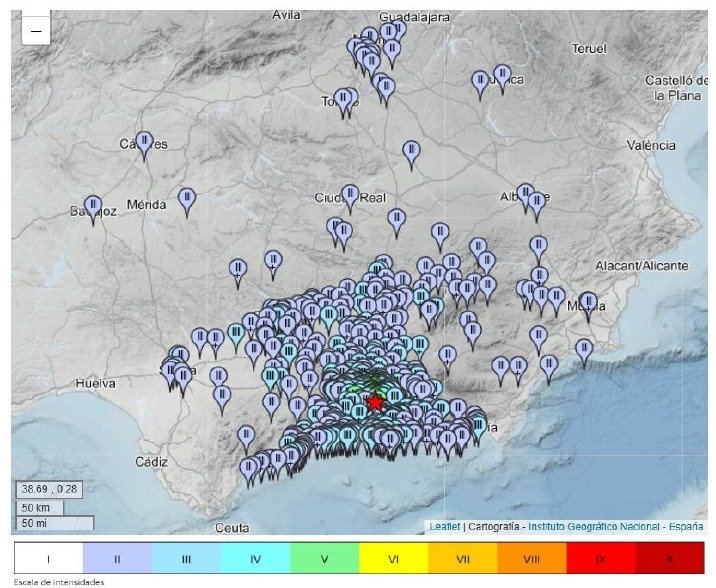 Mapa de intensidades registradas en España por el terremoto en Granada de magnitud 4,8 con escala EMS-98.