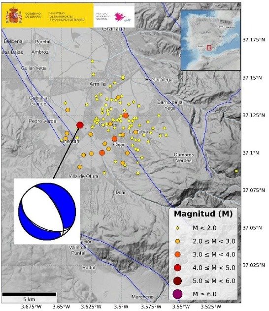 Mapa de sismicidad localizada en Alhendín y entorno de Granada del terremoto en Granada de magnitud 4,8 con diagrama de mecanismo focal.