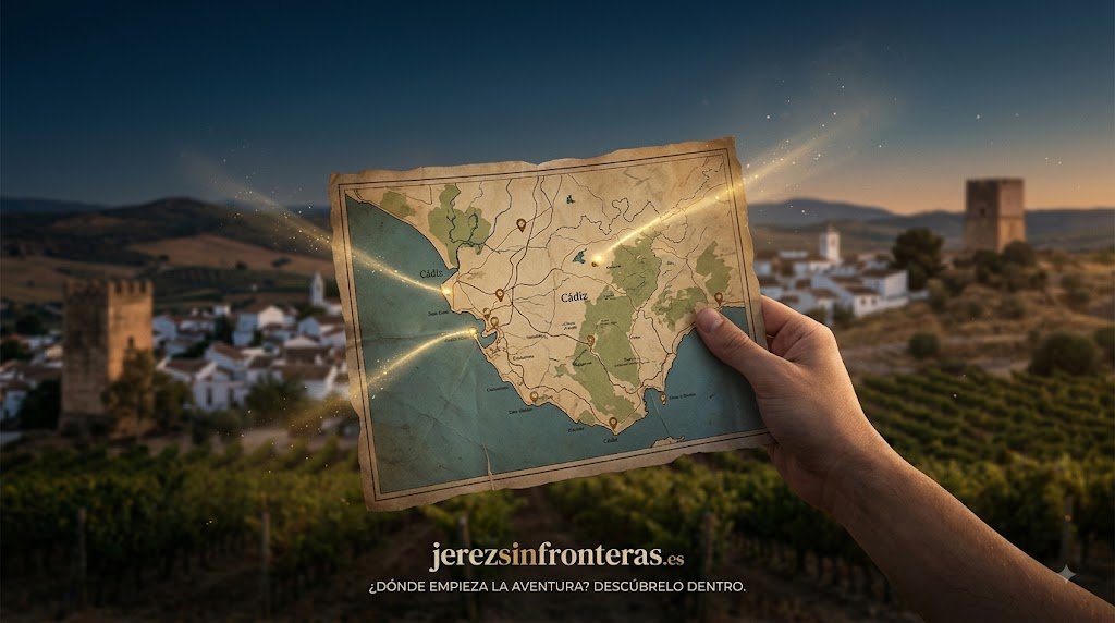 Un mapa antiguo de la provincia de Cádiz con destellos de luz dorada señalando ubicaciones, sostenido sobre un viñedo al amanecer cerca de Jerez, evocando misterio y aventura.
