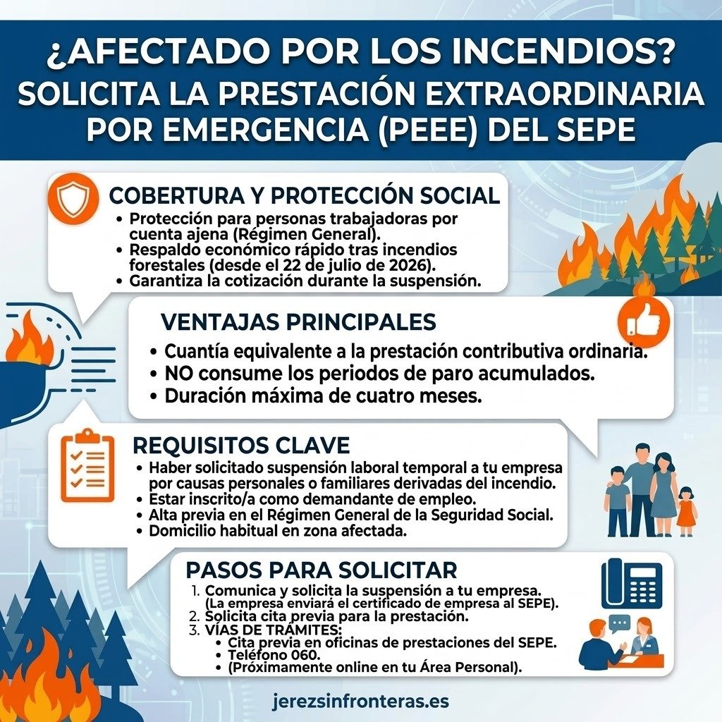 Cartel informativo sobre la nueva prestación extraordinaria por emergencia de incendios del SEPE.