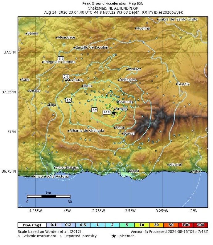 Mapa de sacudida (shakemap) que muestra la aceleración máxima del suelo tras el terremoto en Granada de magnitud 4,8.