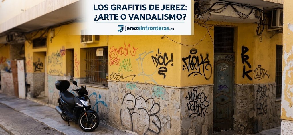 Detalle de una fachada en Jerez de la Frontera repleta de grafitis y firmas de tagging como DOC! y DRK, con el titular del artículo sobreimpreso en la cabecera.