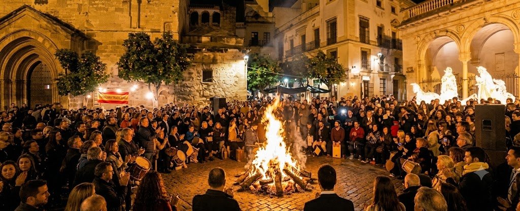 Multitudinaria Zambomba popular en la Plaza de La Asunción en Jerez de la Frontera, con una gran hoguera central, gente cantando y edificios históricos iluminados de noche.