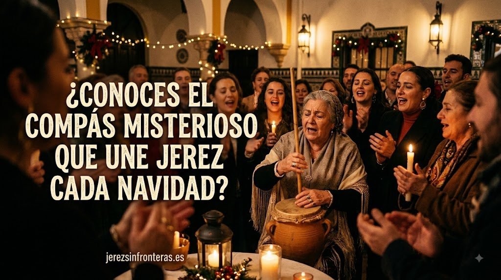 Primer plano de una mujer mayor gitana tocando la zambomba tradicional con devoción durante una zambomba flamenca nocturna en Jerez de la Frontera, con un coro de fondo festivo y luces navideñas.