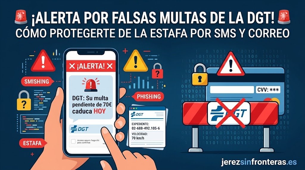 Infografía digital en formato cabecera sobre la alerta de estafa por falsas multas de la DGT, mostrando la pantalla de un smartphone con un SMS fraudulento, símbolos de advertencia y los logotipos de la DGT sobre un fondo técnico de ciberseguridad.