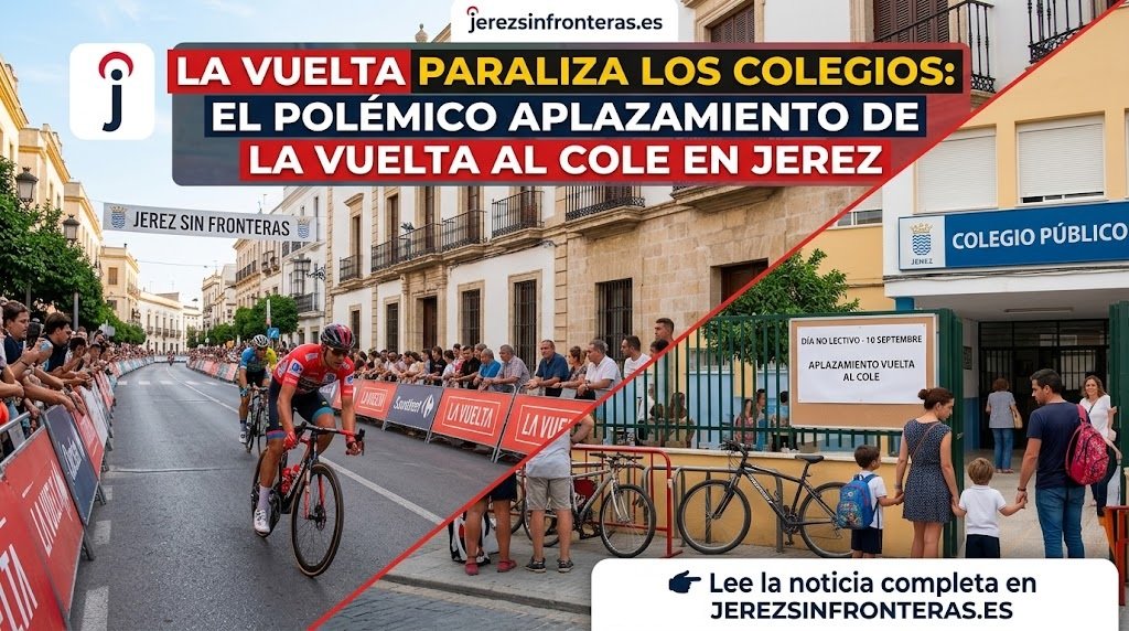 Una imagen dividida diagonalmente que muestra dos escenas contrastantes en Jerez de la Frontera relacionadas con el aplazamiento de las clases. El lado izquierdo captura una vibrante y concurrida carrera ciclista de La Vuelta que recorre las calles de la ciudad, con ciclistas profesionales en primer plano y una pancarta de "JEREZ SIN FRONTERAS" colgada arriba. El lado derecho muestra la entrada principal de un edificio del "COLEGIO PÚBLICO", con un grupo de padres y niños de primaria parados pacíficamente afuera, junto con bicicletas estacionadas. Una gran pancarta en la parte superior tiene el texto principal en español, mientras que un recuadro de texto en la parte inferior redirige a los usuarios a un sitio web.
