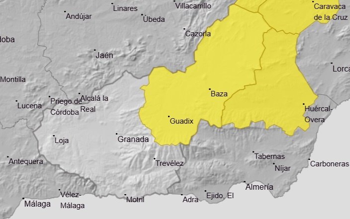Mapa de aviso meteorológico amarillo de la AEMET señalando en color amarillo la comarca granadina de Guadix y Baza.