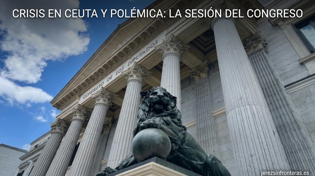 Fachada del Congreso de los Diputados en Madrid con la escultura de un león en primer plano y el titular "Crisis en Ceuta y polémica: La sesión del Congreso", optimizado para la cabecera de jerezsinfronteras.es.