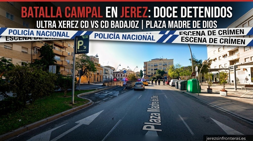 Imagen informativa en formato panorama 16:9 de la Plaza Madre de Dios en Jerez de la Frontera, con elementos gráficos de alerta policial, titulares sobre la detención de doce ultras del Xerez CD y CD Badajoz y la marca de agua jerezsinfronteras.es.