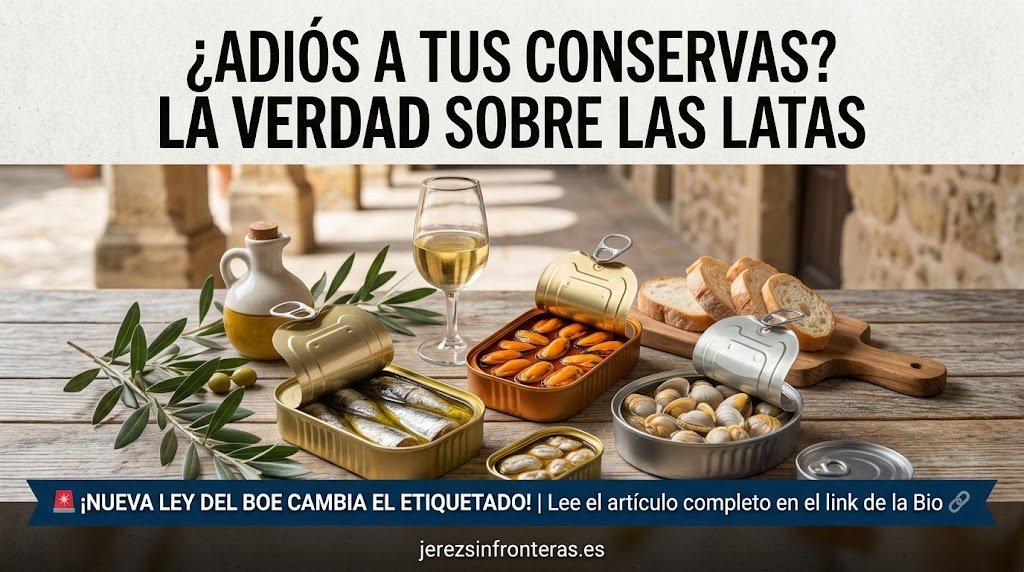 Cabecera de noticia de jerezsinfronteras.es sobre el cambio en el etiquetado de conservas. Muestra un titular alarmista "¿Adiós a tus conservas?" seguido de la aclaración "La verdad sobre las latas". Debajo, una fotografía de una mesa rústica con varias latas abiertas de sardinas, mejillones y berberechos, un vaso de vino blanco, una aceitera y pan, ilustrando los productos afectados por la nueva normativa del BOE. Una franja azul inferior aclara que no desaparecen, solo cambia el etiquetado.