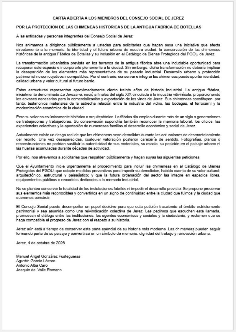 Documento con la carta abierta dirigida al Consejo Social de Jerez para la protección de las chimeneas de la antigua Fábrica de Botellas.