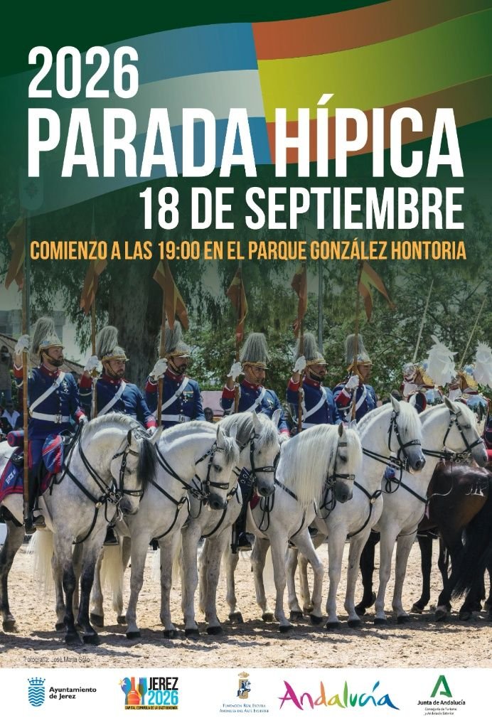 Cartel oficial de la Parada Hípica de Jerez 2026 con escuadron de jinetes a caballo y logotipos institucionales