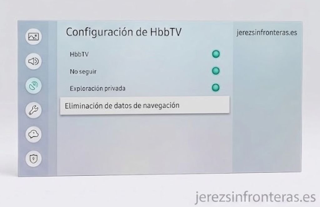 Menú de configuración de HbbTV en un televisor Samsung para desactivar los datos de navegación y la publicidad interactiva de la TDT.