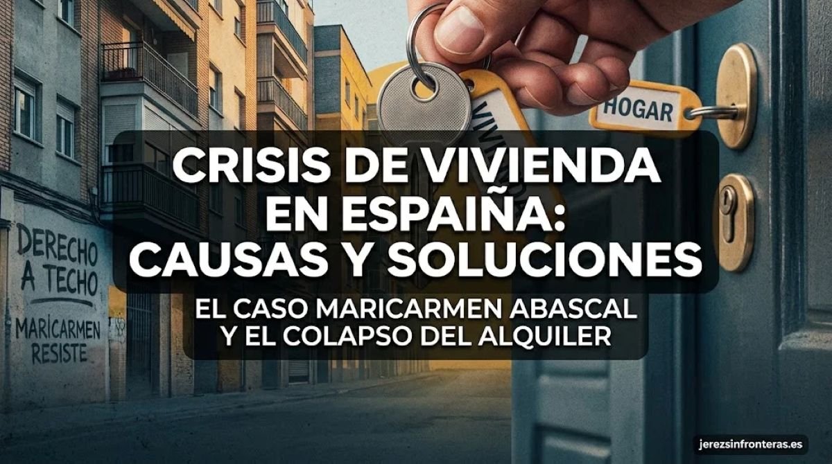 Llave de vivienda sobre fondo de edificio residencial y letrero reivindicativo en la calle con el titular sobre la crisis de vivienda en España.