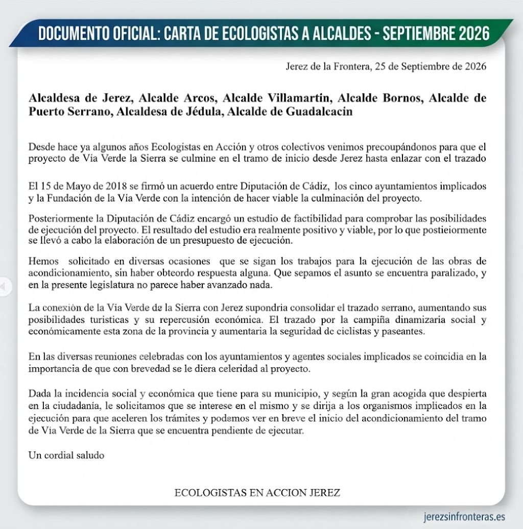 Documento oficial fechado el 25 de septiembre de 2026 dirigido por Ecologistas en Acción Jerez a los alcaldes y alcaldesas de la comarca sobre la Vía Verde de la Sierra.