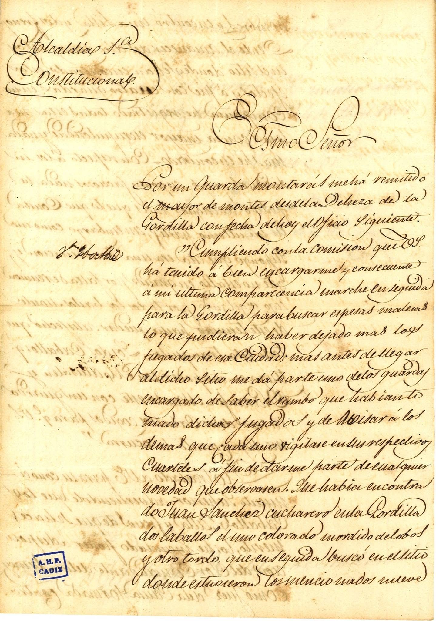 Documento manuscrito de 1838 de la Alcaldia Constitucional de Jerez sobre los carlistas en la dehesa de la Gordilla