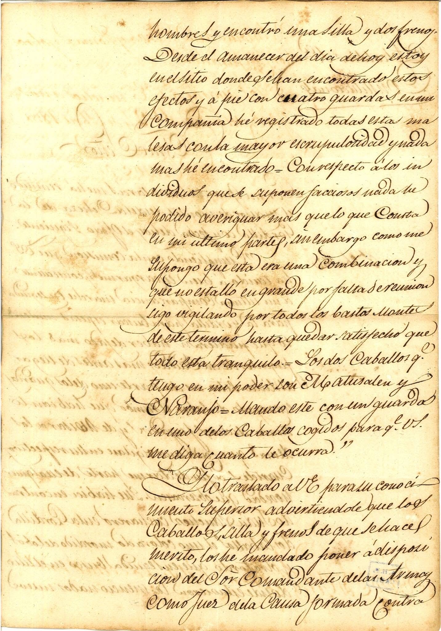 Documento manuscrito oficial de 1838 sobre la incautación de los caballos Matusalén y Naranjo en Jerez