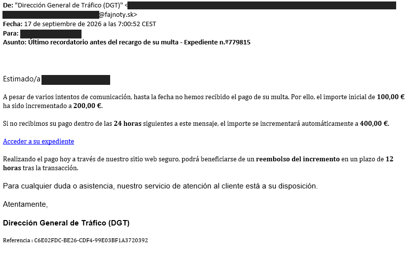 Captura de pantalla de un correo engañoso de phishing que simula ser de la DGT amenazando con un recargo en la multa de 100 a 400 euros.