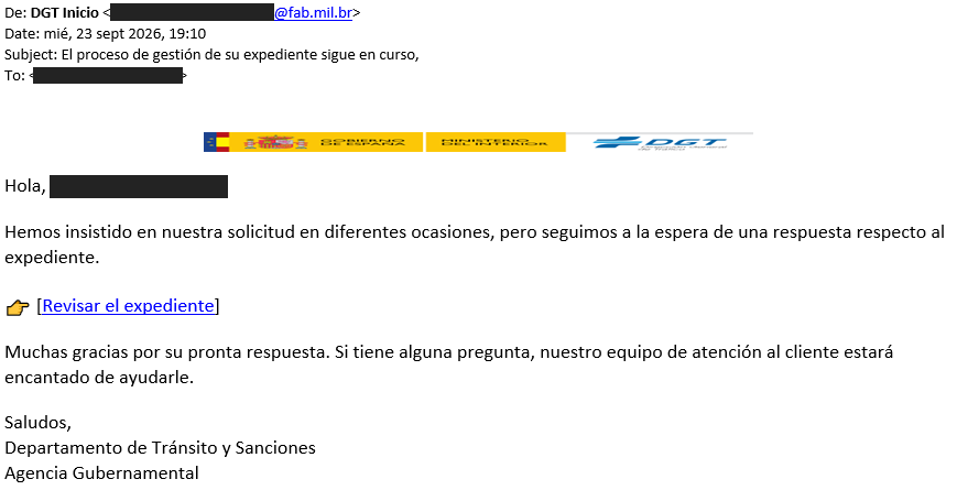 Captura de pantalla de un correo electrónico fraudulento de phishing que suplanta a la DGT, solicitando revisar un expediente con un enlace engañoso y remitente falso.