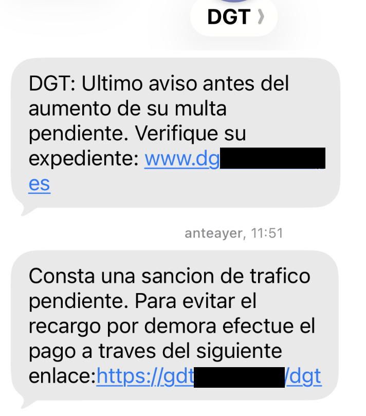 Captura de pantalla de mensajes SMS de texto fraudulentos que suplantan a la DGT con avisos de sanciones pendientes y enlaces a webs engañosas.