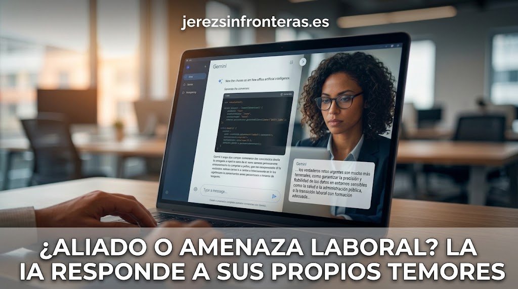Pantalla de portátil en formato 16:9 que muestra la interfaz del chat de IA Gemini en una oficina iluminada, con el reflejo de una profesional analizando la pantalla e integrando el titular de jerezsinfronteras.es sobre el impacto de la inteligencia artificial.