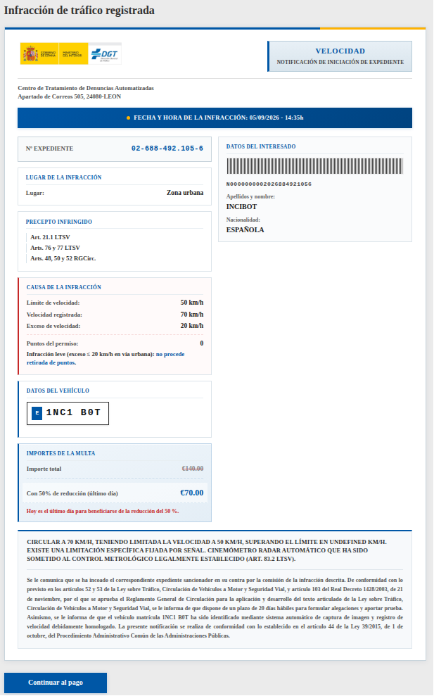 Captura de pantalla del expediente simulado en la web fraudulenta con detalles falsos de una multa por exceso de velocidad y el botón Continuar al pago.