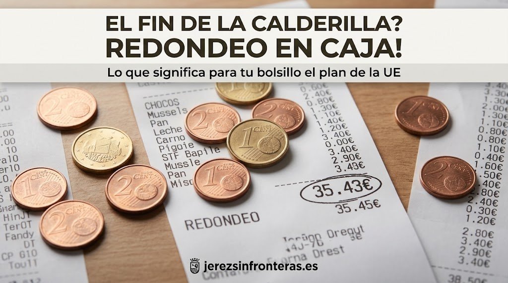 Primer plano de varias monedas de euro céntimo dispersas sobre un ticket de compra de supermercado detallado, con la palabra REDONDEO y el logo jerezsinfronteras.es visibles.
