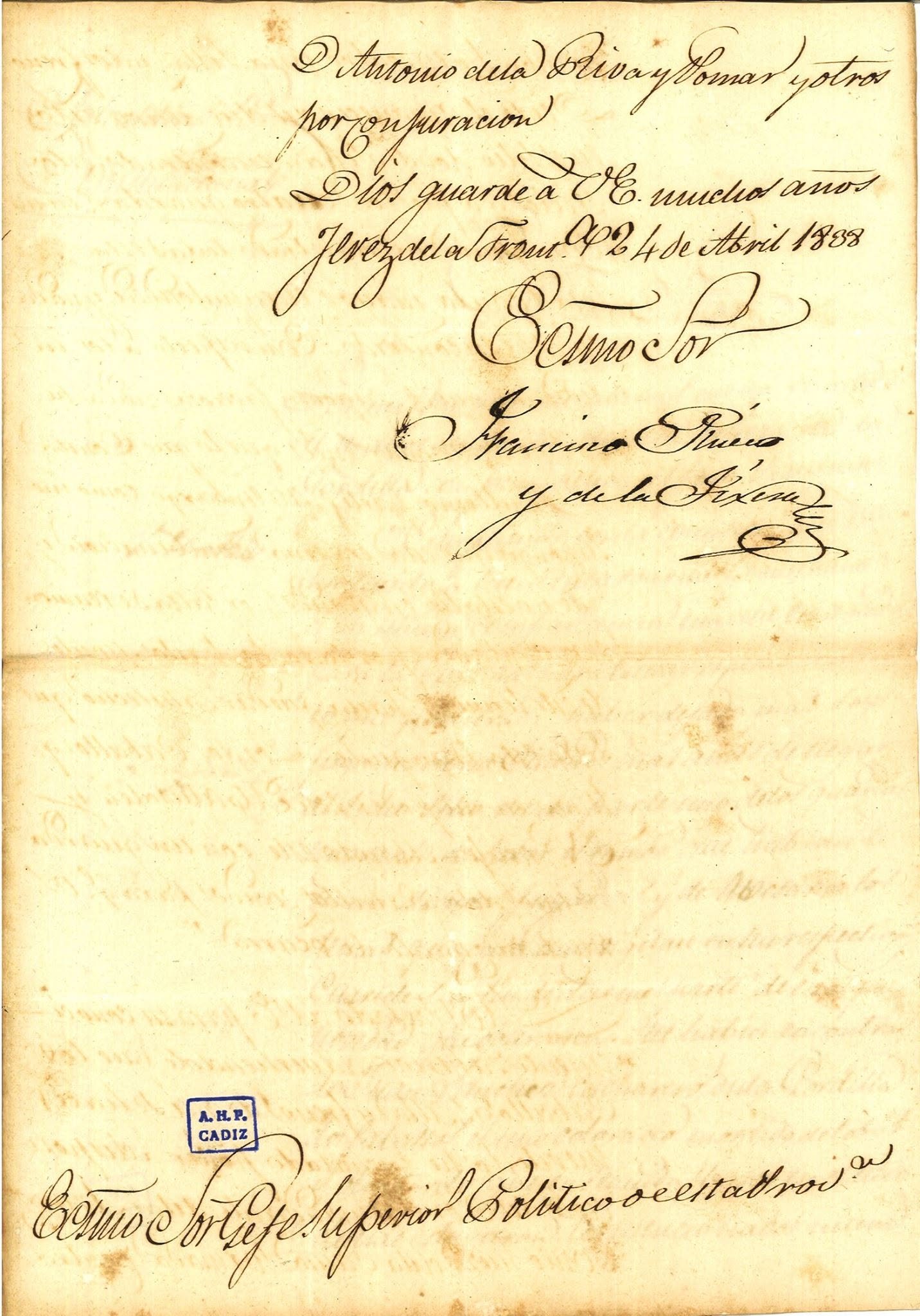 Firma y fecha del informe oficial de 1838 sobre la causa por conjuración contra Antonio de la Riva y Pomar en Jerez