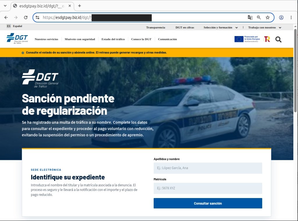 Captura de pantalla del formulario en la web falsa de la DGT que solicita nombre, apellidos y matrícula bajo el título Sanción pendiente de regularización.