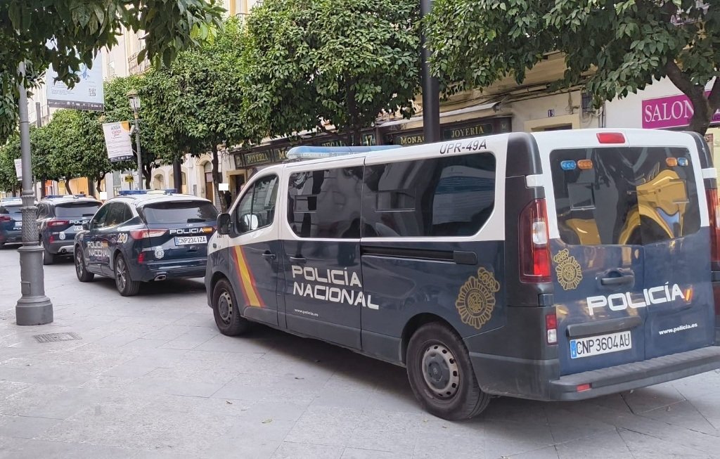 Furgón de la Unidad de Prevención y Reacción (UPR) y patrullas de la Policía Nacional desplegados en la Calle Larga de Jerez.