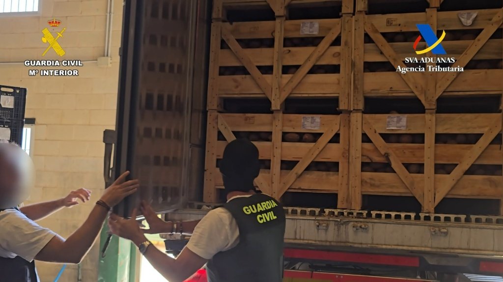 Agentes de la Guardia Civil y del Servicio de Vigilancia Aduanera abren la puerta trasera de un camión cargado con grandes cajones de madera llenos de cocos en una nave industrial.