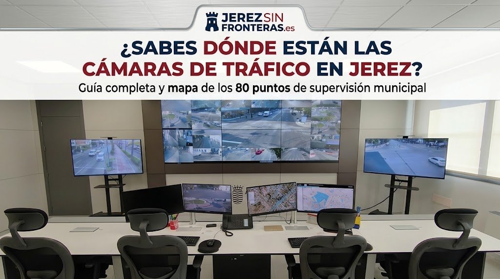 Vista panorámica de la Sala de Control de Tráfico de Jerez con pantallas de videowall y monitores de supervisión municipal, maquetada para cabecera del artículo de jerezsinfronteras.es.