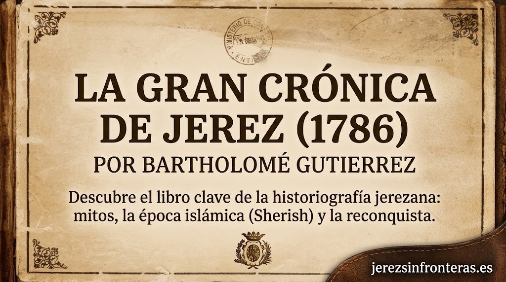 Cabecera editorial de la obra Historia de la ciudad de Xerez de la Frontera de Bartolomé Gutiérrez (1786) con el logotipo de jerezsinfronteras.es.