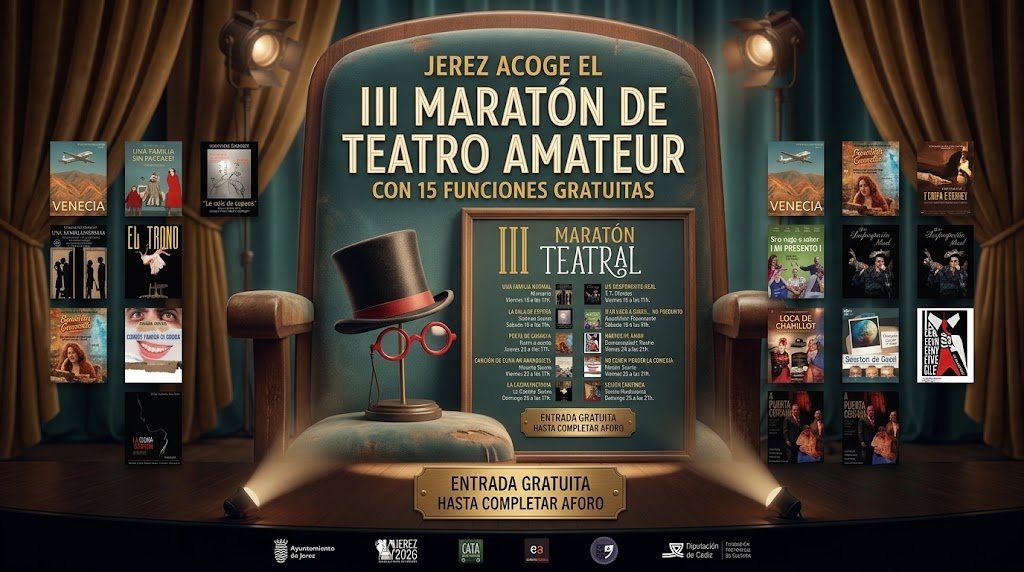 Cartel promocional del III Maratón de Teatro Amateur de Jerez en la Sala Compañía. Muestra una butaca de teatro antigua con un sombrero de copa y unas gafas rojas sobre el asiento. Arriba, el titular principal: "JEREZ ACOGE EL III MARATÓN DE TEATRO AMATEUR CON 15 FUNCIONES GRATUITAS". Debajo, un listado detallado con la programación de las obras y compañías participantes, con dos columnas de pequeños pósteres a los lados. En la parte inferior, sobre el escenario con focos encendidos, un letrero que dice "ENTRADA GRATUITA HASTA COMPLETAR AFORO", seguido por una fila de logotipos de los organismos colaboradores, incluyendo el Ayuntamiento de Jerez, FEGATA y la Diputación de Cádiz. El fondo es un escenario con telones de terciopelo azul y focos de época.