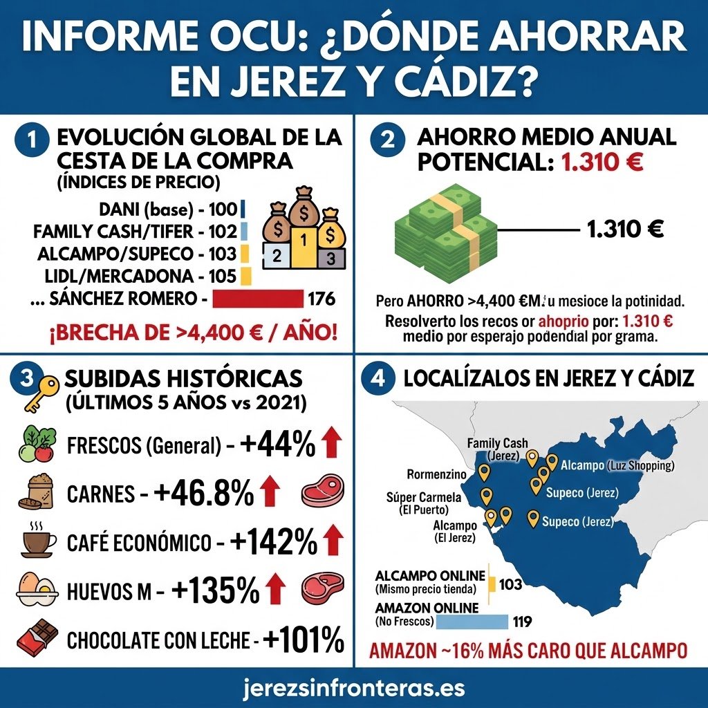 Infografía sobre la subida de precios de los alimentos desde 2021, destacando los incrementos en café, huevos y frescos, junto al ranking OCU y datos de ahorro.