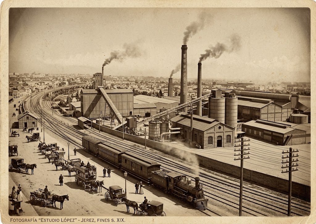 Fotografía sepia de finales del siglo XIX mostrando un complejo industrial en Jerez de la Frontera, con una estación de tren, vías con trenes de vapor y vagones, carruajes tirados por caballos y chimeneas de fábrica echando humo.