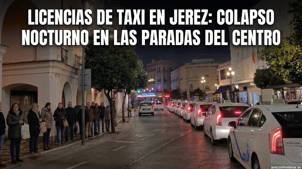 Fotografía nocturna de la Plaza Esteve en Jerez de la Frontera, mostrando una larga hilera de taxis blancos alineados a lo largo de la calle mojada. En primer plano, varios taxis con la franja azul oficial y los distintivos de Jerez. En el lado izquierdo, un grupo de personas espera pacientemente bajo los soportales iluminados. El icónico edificio de la Rotonda se vislumbra al fondo. Sobre la imagen, un texto grande y blanco dice: 'LICENCIAS DE TAXI EN JEREZ: COLAPSO NOCTURNO EN LAS PARADAS DEL CENTRO'.