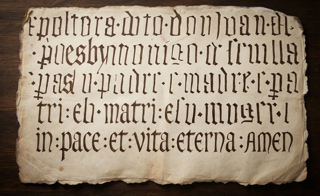 Vista cenital de un pergamino antiguo y texturizado con bordes irregulares, sobre una superficie de madera oscura, que muestra la inscripción latina completa en caligrafía gótica.