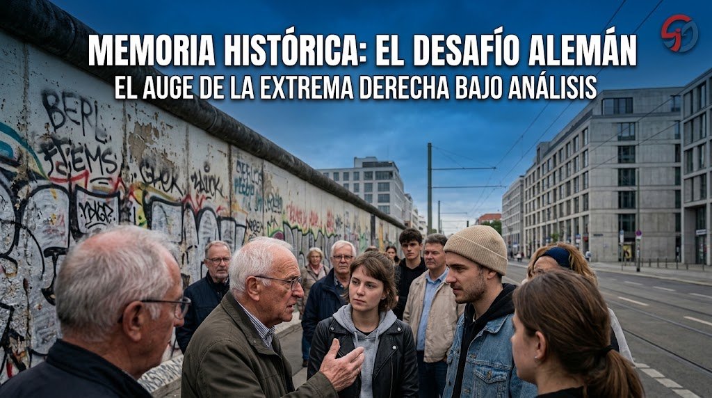 Grupo intergeneracional de personas conversando frente a los restos del Muro de Berlín en un debate sobre memoria histórica y extrema derecha en Alemania.