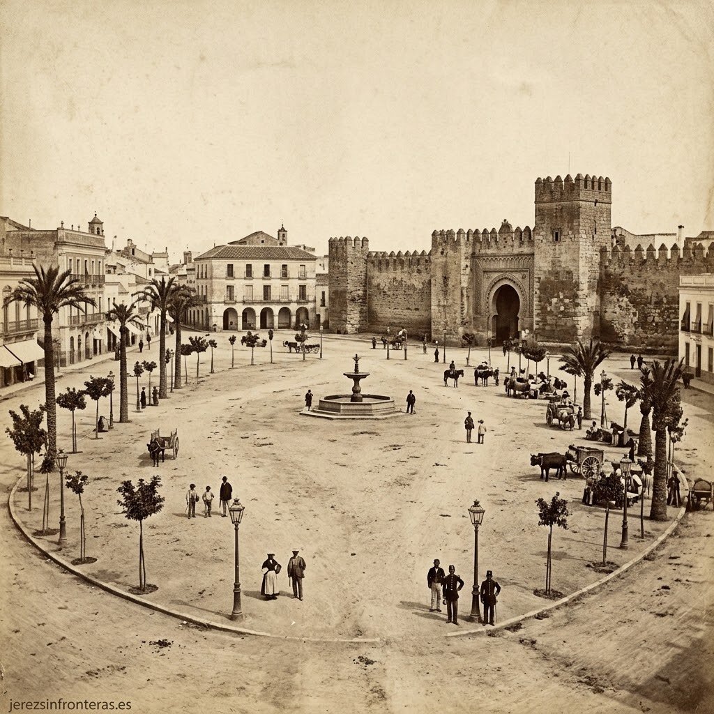 Una recreación artística en formato cuadrado que muestra la Plaza del Arenal de Jerez en su periodo andalusí y medieval, tal como debió ser una gran explanada abierta extramuros, o musara. La imagen, en tonos sepia y con un aspecto histórico, muestra un espacio amplio sin pavimentar, con algunas palmeras jóvenes, puestos de mercado y personas con vestimenta de la época. Al fondo, se aprecia una sección de la muralla de la medina y una gran puerta fortificada, la Puerta del Real, con un arco de herradura, conectando la explanada con la ciudad amurallada. El cielo está despejado. La imagen incluye una marca de agua sutil en la esquina inferior: 'jerezsinfronteras.es'.