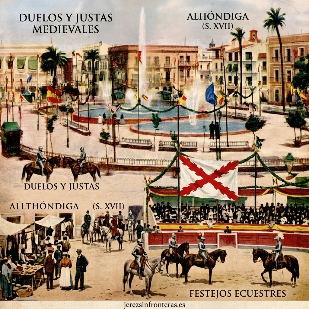 Ilustración vintage en formato cuadrado que recrea los usos históricos de la Plaza del Arenal durante la Edad Media y Moderna: duelos y justas de caballeros, el mercado de abastos frente a la Alhóndiga en el edificio de Los Arcos, y festejos taurinos con plaza de madera y la Cruz de Borgoña.