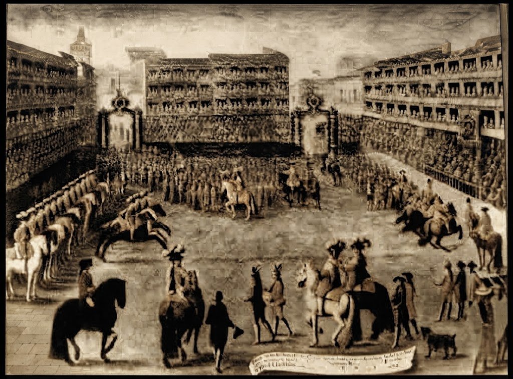 Grabado histórico en blanco y negro restaurado y mejorado digitalmente que representa una ceremonia ecuestre y desfile militar en la Plaza del Arenal, mostrando con gran claridad las fachadas porticadas, los jinetes y los espectadores de la época.